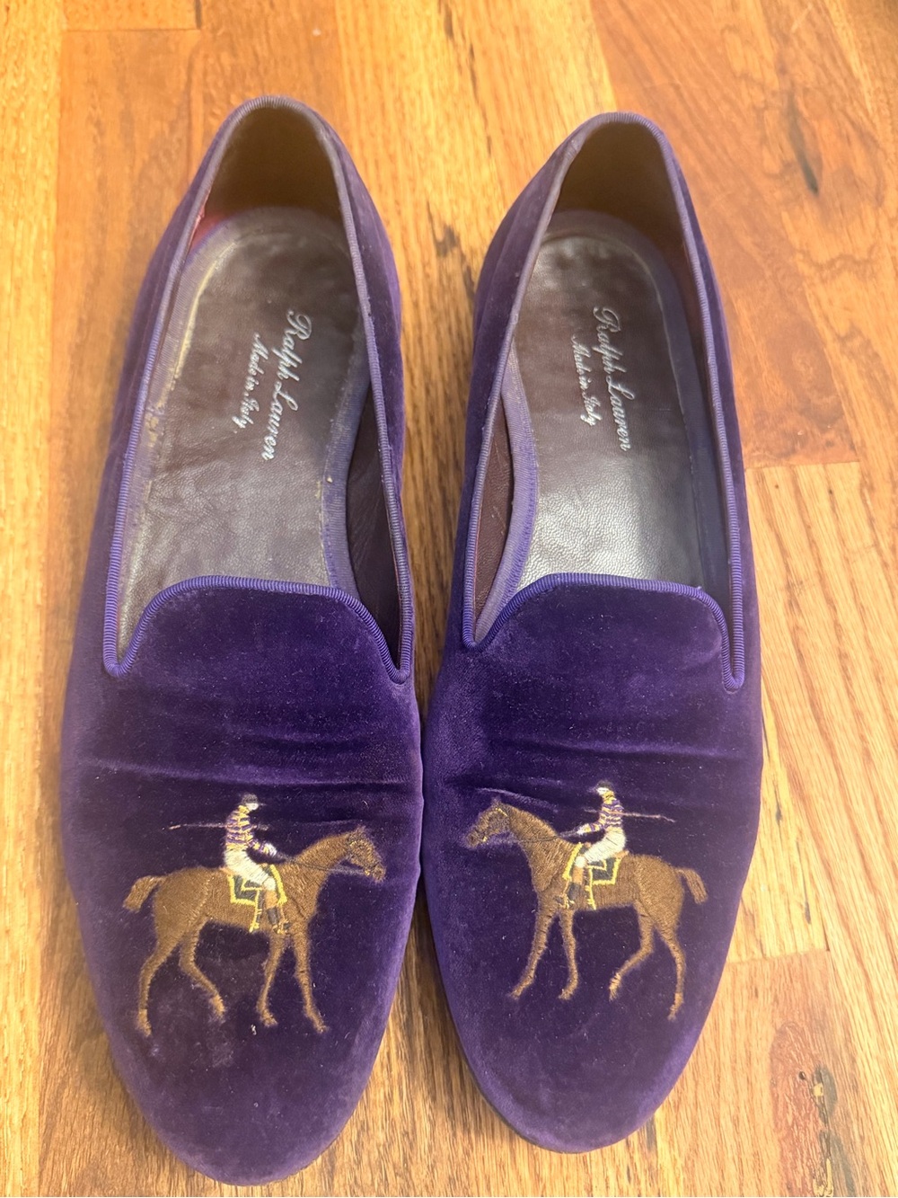 Ralph Lauren Purple Velvet Horse-Embroidered Slip-Ons